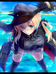 Rule 34 | 10s, 1girl, anchor hair ornament, black thighhighs, blonde hair, blue eyes, blush, breasts, female focus, gloves, hair ornament, hat, kantai collection, large breasts, leaning forward, letterboxed, long hair, looking at viewer, military, military uniform, ocean, peaked cap, prinz eugen (kancolle), remodel (kantai collection), skirt, smile, solo, thighhighs, turret, twintails, uniform, water, white gloves, yude