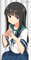 Rule 34 | 10s, 1girl, black hair, blue skirt, blunt bangs, blush, brown eyes, closed mouth, cowboy shot, deco (geigeki honey), fingers together, hatsuyuki (kancolle), kantai collection, long hair, looking at viewer, looking to the side, pleated skirt, sailor collar, shirt, short sleeves, skirt, smile, solo, steepled fingers, white shirt
