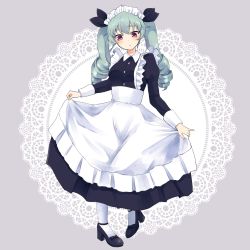 Rule 34 | 1girl, alternate costume, anchovy (girls und panzer), apron, black dress, black footwear, black ribbon, blush, closed mouth, collared dress, cursive, doily, dress, drill hair, enmaided, frown, full body, girls und panzer, green hair, grey background, hair ribbon, highres, long dress, long hair, long sleeves, looking at viewer, looking down, maid, maid apron, maid headdress, pantyhose, red eyes, ribbon, shoes, simple background, skirt hold, solo, standing, twin drills, twintails, white apron, white pantyhose, zarameru (tsukumo)