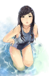 Rule 34 | 1girl, black eyes, black hair, carina (xiaowoo), competition swimsuit, female focus, highres, long hair, looking at viewer, one-piece swimsuit, original, partially submerged, realistic, solo, swimsuit, wet