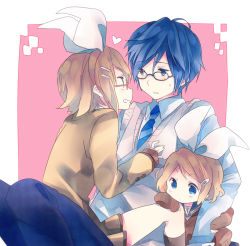 Rule 34 | 1boy, 2girls, age difference, bad id, bad pixiv id, bespectacled, blonde hair, blue eyes, blue hair, glasses, hair ornament, hair ribbon, hairclip, kagamine rin, kaito (vocaloid), multiple girls, necktie, ousaka nozomi, project diva (series), project diva 2nd, ribbon, short hair, smile, time paradox, vocaloid