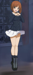 Rule 34 | 1girl, a1 (initial-g), black footwear, black socks, blue jacket, boots, brown eyes, brown hair, commentary, full body, girls und panzer, hands on own chest, jacket, jumping, long sleeves, looking at viewer, military, military uniform, miniskirt, nishizumi miho, ooarai military uniform, open mouth, panties, pantyshot, pleated skirt, short hair, skirt, smile, socks, solo, underwear, uniform, white panties, white skirt, zipper