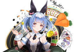 Rule 34 | 1girl, absurdres, animal ears, bare shoulders, bibi (tokoyami towa), black hat, black necktie, black shirt, blue hair, breasts, card, carrot, closed mouth, coin hair ornament, commentary request, detached collar, detached sleeves, dice, don-chan (usada pekora), fake animal ears, hair ornament, hand up, hat, highres, hololive, hololive english, hololive indonesia, leotard, looking at viewer, mini hat, mini top hat, moona hoshinova, moona hoshinova (1st costume), necktie, pekomon (usada pekora), playboy bunny, playing card, rabbit-shaped pupils, rabbit ears, red eyes, roulette table, shirt, shishiro botan, short hair, short necktie, short twintails, simple background, siyara amau, slot machine, small breasts, smile, solo, symbol-shaped pupils, table, takanashi kiara, takanashi kiara (1st costume), thick eyebrows, tokoyami towa, tokoyami towa (1st costume), top hat, twintails, upper body, usada pekora, usada pekora (furi furi bunny dress), virtual youtuber, white background, wrist cuffs