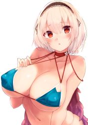 Rule 34 | 1girl, absurdres, azur lane, bikini, blue bikini, blush, breasts, choker, cleavage, collarbone, commentary request, cosplay, covered erect nipples, formidable (azur lane), formidable (azur lane) (cosplay), formidable (the lady of the beach) (azur lane), hair between eyes, hairband, hand on own chest, head tilt, highleg, highleg bikini, highres, lace-trimmed hairband, lace trim, large breasts, leaning forward, looking at viewer, multiple straps, navel, open mouth, red eyes, sakura cha, short hair, simple background, sirius (azur lane), solo, swimsuit, white background, white hair