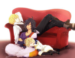 Rule 34 | 3boys, ahoge, artist name, bad id, bad pixiv id, black hair, blonde hair, boots, child, closed eyes, couch, eizen (tales), hair over one eye, laphicet (tales), long hair, low ponytail, male focus, multiple boys, nagonmaou, open mouth, rokurou rangetsu, sitting, sleeping, tales of (series), tales of berseria