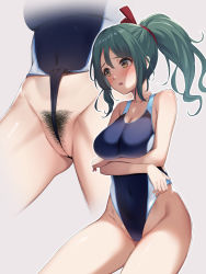 Rule 34 | 1girl, bare shoulders, blush, breast rest, breasts, brown pubic hair, cleft of venus, competition swimsuit, covered navel, cowboy shot, female pubic hair, granblue fantasy, green hair, green pubic hair, groin, hair between eyes, hair ribbon, herja, highres, kurowan, looking away, medium breasts, multiple views, one-piece swimsuit, open mouth, partially visible vulva, ponytail, pubic hair, red ribbon, ribbon, shiny skin, sidelocks, simple background, sleeveless, standing, swimsuit, wedgie, yellow eyes