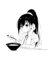 1girl blush bowl breasts chopsticks collared_shirt dress_shirt food greyscale hair_behind_ear hair_ornament hair_scrunchie tucking_hair hand_up high_ponytail highres holding holding_chopsticks long_hair looking_away monochrome neck_ribbon noodles original parted_lips ponytail ramen ribbon school_uniform scrunchie shirt short_sleeves simple_background small_breasts solo sweat tenjou_ryuka upper_body white_background