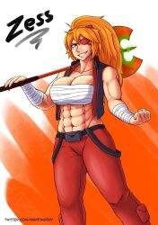 Rule 34 | abs, axe, bandages, battle axe, blue eyes, eyepatch, highres, holding, holding weapon, muscular, muscular female, nightingery, orange hair, pants, red pants, weapon, zess (zesty jesus)
