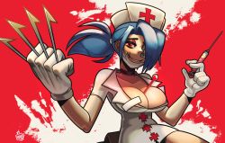 Rule 34 | + +, 1girl, artist name, bare shoulders, between breasts, black choker, blue hair, breasts, choker, claw (weapon), cleavage, collarbone, commentary, dress, eyepatch, eyeshadow, gloves, grin, hair over one eye, hair tie, hands up, hat, highres, holding, holding syringe, large breasts, liquid-in-glass thermometer, looking at viewer, makeup, mask, mouth mask, nurse, nurse cap, ponytail, red background, red eyes, scalpel, scar, short sleeves, signature, skullgirls, smile, solo, surgical mask, swept bangs, symbol-shaped pupils, syringe, thermometer, tight clothes, valentine (skullgirls), weapon, white gloves, yoselinfrankcat