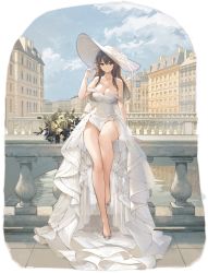 Rule 34 | 1girl, arm support, artist request, azur lane, bare arms, bare shoulders, breasts, bridge, brown eyes, brown hair, building, charybdis (azur lane), charybdis (brilliant belle) (azur lane), cloud, cloudy sky, collarbone, day, dress, flower, full body, hand up, hat, highres, large breasts, long hair, looking at viewer, official art, outdoors, railing, reflection, see-through, shoes, sitting, sky, smile, solo, strapless, strapless dress, sun hat, thighs, transparent background, water, white dress