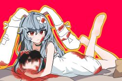 Rule 34 | 1girl, absurdres, ahoge, animal ears, bandages, black choker, blood, blood on clothes, blood on face, blood stain, blue hair, blush, censored, choker, dress, hair between eyes, hair ornament, highres, holding, indie virtual youtuber, legs up, light blue hair, long hair, lop rabbit ears, lying, mosaic censoring, noiriririri, on stomach, outline, para (vtuber), pout, rabbit ears, red background, red eyes, spaghetti strap, sundress, tareme, the pose, thick eyebrows, very long hair, virtual youtuber, white dress, x hair ornament, yellow outline