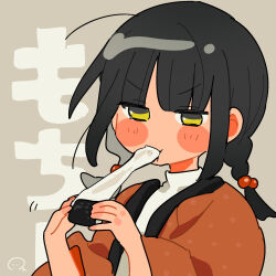 Rule 34 | ..., 1girl, blunt bangs, blush stickers, braid, commentary request, eating, food, food in mouth, grey background, hair bobbles, hair ornament, half-closed eyes, hands up, hanten (clothes), highres, holding, holding food, jitome, long hair, looking at food, low twin braids, mochi, mochi trail, original, ozu (oz yarimasu), sidelocks, solo, spoken ellipsis, sweater, turtleneck, turtleneck sweater, twin braids, two-handed, upper body, v-shaped eyebrows, white sweater, yellow eyes