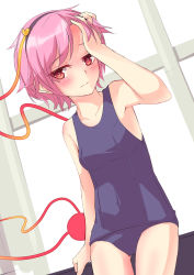 Rule 34 | 1girl, arai togami, blush, collarbone, hairband, hand in own hair, heart, highres, komeiji satori, looking at viewer, one-piece swimsuit, pink eyes, pink hair, school swimsuit, solo, swimsuit, third eye, touhou, wavy mouth