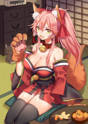 Rule 34 | 1girl, absurdres, almond (artist), animal, animal ear fluff, animal ears, animal hands, bad id, bad pixiv id, bare shoulders, bell, black thighhighs, breasts, cat, cat hair ornament, cat paws, cleavage, collar, collarbone, fangs, fate/grand order, fate (series), fox ears, fox tail, gloves, hair ornament, hair ribbon, highres, indoors, japanese clothes, jingle bell, large breasts, neck bell, open mouth, paw gloves, pink hair, ponytail, red ribbon, ribbon, seiza, sitting, solo, tail, tamamo (fate), tamamo cat (fate), tamamo cat (first ascension) (fate), thighhighs