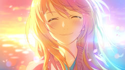 Rule 34 | 10s, 1girl, ^ ^, backlighting, blonde hair, blurry, blush, cherry blossoms, closed eyes, crying, depth of field, closed eyes, highres, lens flare, long hair, miyazono kawori, shigatsu wa kimi no uso, smile, solo, sparkle, sweater, xiao ren