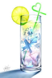 Rule 34 | 1girl, absurdres, bad id, bad pixiv id, blue eyes, blue hair, bow, cirno, dress, dress shirt, drinking straw, food, fruit, glass, hair bow, highres, ice, ice wings, in container, lemon, lemon slice, matching hair/eyes, mini person, minigirl, open mouth, ribbon, shirt, short hair, signature, smile, solo, touhou, wings, yomi yasou