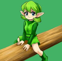 Rule 34 | 1girl, belt, breasts, closed mouth, green eyes, green footwear, green hair, green hairband, hairband, kokiri, looking at viewer, nintendo, pointy ears, ribbed sweater, saria (zelda), short hair, smile, solo, sweater, takamame, the legend of zelda, the legend of zelda: ocarina of time, turtleneck