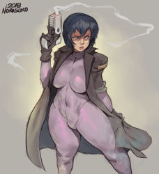 Rule 34 | 1girl, 2018, black gloves, black hair, blue eyes, bodysuit, breasts, coat, commentary, covered navel, cyberpunk, ghost in the shell, gloves, gun, handgun, highres, jacket, kusanagi motoko, large breasts, lips, looking to the side, making-of available, norasuko, nose, open clothes, open jacket, pistol, short hair, sketch, sleeves rolled up, smoke, smoking barrel, solo, standing, thick thighs, thighs, trench coat, weapon, wide hips