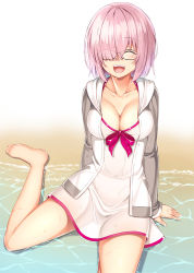 Rule 34 | 1girl, ^ ^, bare legs, barefoot, beach, breasts, cleavage, closed eyes, collarbone, commentary request, fate/grand order, fate (series), glasses, hair over one eye, kouzuki tsubasa (musou kaidou), large breasts, long sleeves, mash kyrielight, official alternate costume, open mouth, outdoors, pink hair, sand, short hair, sitting, solo, wariza, water