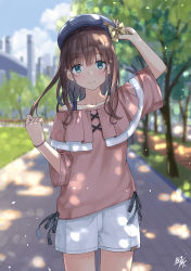 Rule 34 | 1girl, arm up, bare shoulders, beret, blue hat, blurry, blurry background, blush, bow, bridge, brown bow, brown hair, brown shirt, building, closed mouth, commentary request, day, depth of field, green eyes, hat, hat bow, highres, long hair, looking at viewer, miko fly, off-shoulder shirt, off shoulder, original, outdoors, shirt, short shorts, short sleeves, shorts, signature, smile, solo, standing, tree, white shorts, wide sleeves