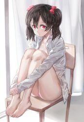 Rule 34 | 10s, 1girl, bare legs, barefoot, black hair, blouse, bow, chair, feet on chair, free style (yohan1754), hair bow, highres, indoors, knees to chest, looking at viewer, love live!, love live! school idol project, naked shirt, open clothes, open shirt, panties, pink panties, red eyes, shirt, sitting, sleeves past wrists, solo, twintails, underwear, white shirt, yazawa nico