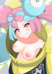 Rule 34 | 1girl, blush, breasts, character hair ornament, collarbone, commentary request, creatures (company), game freak, green hair, grin, hair ornament, head tilt, highres, iono (pokemon), jacket, large areolae, long hair, looking at viewer, medium breasts, minamina waiwai, nintendo, nipples, pink hair, pokemon, pokemon sv, smile, solo, star (symbol), star print, teeth, upper body, yellow jacket