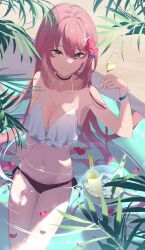 Rule 34 | 1girl, armpits, bare shoulders, blue eyes, bottle, breasts, choker, cup, drinking glass, hair ornament, highres, holding, holding cup, hololive, ice bucket, large breasts, long hair, looking at viewer, one-piece swimsuit, palm tree, panties, petals, petals on liquid, pink hair, pool, sand, sitting on water, smile, solo, swimsuit, takane lui, tree, underwear, virtual youtuber, wine bottle, wine glass, yamagamiamami