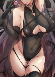 Rule 34 | 1girl, absurdres, alternate costume, arm behind head, armpits, azur lane, bare shoulders, black gloves, black leotard, bow, breasts, candy, clothing cutout, covered navel, cowboy shot, demon girl, demon horns, demon tail, covered erect nipples, female pubic hair, food, glasses, gloves, gneisenau (azur lane), gneisenau (nightmarish succubus) (azur lane), groin, halloween costume, head out of frame, highres, holding, holding food, horns, large breasts, crossed legs, leotard, light particles, lollipop, long hair, pubic hair, pubic tattoo, purple hair, saliva, saliva trail, see-through, skindentation, solo, tail, tattoo, thighhighs, underboob cutout, very long hair, white bow, yusha m