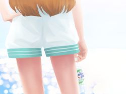 Rule 34 | 10s, 1girl, amino (tn7135), bad id, bad pixiv id, bottle, brown hair, close-up, from behind, gradient background, hand on own hip, head out of frame, kantai collection, kuma (kancolle), long hair, no lineart, shorts, solo