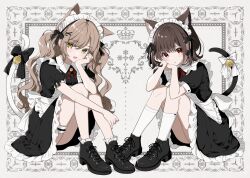 2girls animal_ears apron bell black_boots black_bow black_dress boots bow brown_hair cat_ears cat_girl cat_tail commentary_request dress fang futaribeya hair_bow highres kawawa_sakurako kemonomimi_mode long_hair looking_at_viewer maid maid_apron maid_headdress multiple_girls neck_bell open_mouth red_eyes short_sleeves sitting socks tail tail_bell tail_bow tail_ornament thigh_strap twintails white_apron white_background white_bow white_headdress white_socks yamabuki_kasumi yellow_eyes yukiko_(tesseract)