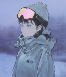 Rule 34 | 1girl, absurdres, beanie, black hair, blue eyes, earrings, expressionless, eyebrows hidden by hair, from side, goggles, goggles on head, grey hat, grey jacket, hair behind ear, hat, highres, jacket, jewelry, looking ahead, mahosame, original, snow, solo, winter