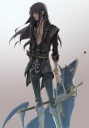 Rule 34 | 00s, 1boy, ayumiso, black hair, boots, dog, kiseru, knee boots, long hair, male focus, smoking pipe, repede (tales), solo, sword, tales of (series), tales of vesperia, weapon, yuri lowell