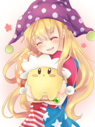 Rule 34 | 1girl, :d, alternate color, american flag dress, american flag legwear, beam kirby, blonde hair, blush, blush stickers, closed eyes, clownpiece, crossover, fang, gradient background, hat, jester cap, kirby, kirby (series), long hair, nekomitei, nintendo, open mouth, smile, touhou, wand