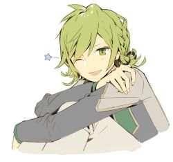 Rule 34 | 1boy, braid, commentary request, copyright request, fingernails, green eyes, green hair, grey jacket, grey pants, iriam, jacket, kitada mo, long sleeves, looking at viewer, male focus, one eye closed, pants, simple background, sitting, smile, solo, virtual youtuber, white background