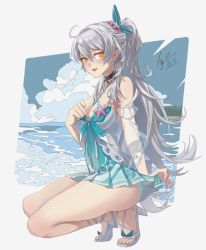 Rule 34 | 1girl, ahoge, bare legs, bare shoulders, beach, blue sky, blush, breasts, choker, cleavage, commentary request, dated, day, detached sleeves, diamond-shaped pupils, diamond (shape), earrings, full body, hair between eyes, hand on own chest, high heels, highres, honkai (series), honkai impact 3rd, huiqian, jewelry, kiana kaslana, kiana kaslana (herrscher of the void), long hair, looking at viewer, medium breasts, open mouth, ponytail, see-through, silver hair, sky, smile, solo, squatting, starfish hair ornament, swimsuit, symbol-shaped pupils, very long hair, water, yellow eyes