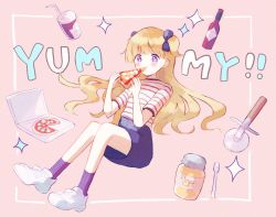 Rule 34 | 1girl, blonde hair, blue bow, blue eyes, blunt bangs, bow, casual, eating, emilico (shadows house), english text, food, hair bow, highres, holding, holding food, holding pizza, honey, long hair, mametarou (mameji), pizza, pizza box, pizza slice, shadows house, shirt, shoes, skirt, sneakers, socks, solo, striped, two side up