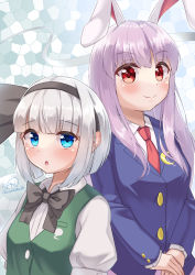 Rule 34 | 2girls, animal ears, artist name, blue eyes, blue jacket, blush, bow, bowtie, breasts, closed mouth, collar, collared shirt, crescent, gradient hair, green vest, grey background, grey bow, grey bowtie, grey hair, grey hairband, hairband, highres, jacket, konpaku youmu, long hair, long sleeves, looking at viewer, medium breasts, multicolored hair, multiple girls, necktie, open mouth, pink skirt, puffy short sleeves, puffy sleeves, purple hair, rabbit ears, red eyes, red necktie, reisen udongein inaba, rital, shirt, short hair, short sleeves, signature, skirt, smile, standing, touhou, upper body, vest, white shirt