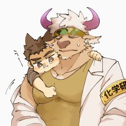 Rule 34 | 2boys, animal ears, armband, brown fur, camouflage, camouflage headwear, closed eyes, commentary request, cow ears, cow horns, facial hair, furry, furry male, goatee, green tank top, headband, horns, jaggy lines, lab coat, large pectorals, male focus, protagonist 1 (housamo), mclw suisei, minotaur, multiple boys, muscular, muscular male, open mouth, pectorals, purple horns, shennong (housamo), short hair, simple background, sweatdrop, tank top, tearing up, tokyo houkago summoners, upper body, white background, white hair