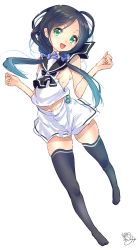 Rule 34 | 1girl, awa (rosemarygarden), black thighhighs, blue hair, elbow gloves, gloves, green eyes, hair ribbon, highres, kantai collection, long hair, looking at viewer, low twintails, neckerchief, ribbon, school uniform, serafuku, simple background, sleeveless, smile, solo, suzukaze (kancolle), thighhighs, twintails, white background