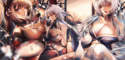 Rule 34 | 3girls, amagi (azur lane), animal ears, apraxia, architecture, azur lane, black gloves, bodystocking, bottle, breasts, brown hair, chromatic aberration, coat, cup, east asian architecture, extra ears, fang, gloves, hand on own chest, highres, huge breasts, impossible clothes, indoors, japanese clothes, kimono, kitsune, large breasts, leaning forward, leaning on object, light purple hair, long hair, looking at viewer, multiple girls, multiple tails, off shoulder, one eye closed, pouring, pouring onto self, purple eyes, purple kimono, red coat, sakazuki, sake bottle, shinano (azur lane), short hair with long locks, single glove, skin fang, suggestive fluid, tail, tosa (azur lane), white hair, white legwear, white tail