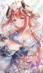 Rule 34 | 1girl, absurdres, arm up, armpits, blue eyes, blue nails, blurry, blurry foreground, breasts, brooch, bug, butterfly, circlet, closed mouth, commentary request, crop top, dancer, detached sleeves, flower, forehead jewel, genshin impact, gold trim, harem outfit, highres, horns, insect, jewelry, kazki444, long hair, long sleeves, looking at viewer, midriff, nail polish, neck ring, nilou (genshin impact), puffy long sleeves, puffy sleeves, purple flower, red hair, shirt, sidelocks, skirt, sleeveless, sleeveless shirt, small breasts, smile, solo, stomach, thighlet, twintails, twitter username, vambraces, veil, vision (genshin impact), water, water drop, white headdress