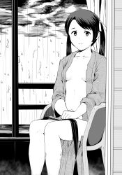 Rule 34 | 1girl, breasts, chair, greyscale, highres, kantai collection, mikuma (kancolle), monochrome, open clothes, open robe, rain, robe, sitting, small breasts, smile, solo, tooku nomura (artist), twintails, window
