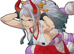 Rule 34 | 1girl, bare shoulders, breasts, curled horns, earrings, green hair, hair ornament, hair stick, horns, japanese clothes, jewelry, kimono, lol (harikofu), long hair, multicolored hair, multicolored horns, one piece, oni, red horns, rope, shimenawa, sleeveless, solo, white hair, yamato (one piece)