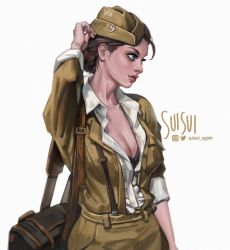 Rule 34 | 1girl, alternate costume, artist name, bag, black bra, blue eyes, bra, breasts, brown hair, cleavage, commentary, duffel bag, english commentary, garrison cap, hat, lips, medium breasts, military, military uniform, nose, open clothes, open shirt, rainbow six siege, sleeves rolled up, solo, standing, suisui again, twitch (rainbow six siege), twitter username, underwear, uniform