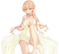 Rule 34 | 1girl, bare legs, bare shoulders, blonde hair, blush, braid, breasts, closed mouth, clov3r, collarbone, dress, earrings, finger to mouth, french braid, girls&#039; frontline, gloves, hair ornament, heart, heart earrings, highres, jewelry, legs, long hair, looking at viewer, medium breasts, necklace, no shoes, official alternate costume, ots-14 (destined love) (girls&#039; frontline), ots-14 (girls&#039; frontline), panties, pantyshot, partially fingerless gloves, ring, sitting, smile, solo, toes, underwear, white background, white dress, white gloves, white panties, yellow eyes