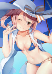 Rule 34 | 1girl, ;q, alternate costume, arm up, artist name, bare arms, bare shoulders, beach umbrella, bent over, bikini, blue background, blue bikini, blush, bow, breasts, brown eyes, collarbone, commentary request, cosplay, cowboy shot, dutch angle, fate (series), gradient background, hand up, hat, hat bow, highres, kantai collection, looking at viewer, navel, one eye closed, pink hair, sazanami (kancolle), shiny skin, side-tie bikini bottom, sleeveless, small breasts, solo, striped, striped bow, sun hat, swept bangs, swimsuit, tamamo (fate), tamamo no mae (swimsuit lancer) (fate), tamamo no mae (swimsuit lancer) (fate) (cosplay), tamamo no mae (swimsuit lancer) (third ascension) (fate), tongue, tongue out, twintails, umbrella, v, white hat, yasume yukito