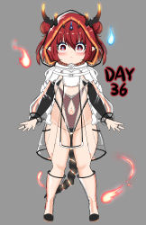 Rule 34 | 1girl, :&lt;, absurdres, bailingxiao jiu, blush, boots, breasts, bridal gauntlets, closed mouth, double bun, fiery tail, full body, grey background, groin, hair between eyes, hair bun, highres, hitodama, hood, hood up, hooded jacket, horns, horns through headwear, jacket, knee boots, looking at viewer, multiple horns, original, pointy ears, puffy short sleeves, puffy sleeves, red eyes, red hair, see-through, see-through sleeves, short sleeves, simple background, small breasts, solo, standing, tail, v-shaped eyebrows