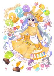Rule 34 | 5girls, ahoge, alternate costume, asashimo (kancolle), balloon, blush, bouquet, bow, cake, cake hat, candle, closed eyes, confetti, doughnut, dress, flower, food, frilled dress, frills, glasses, hair over one eye, hair ribbon, happy birthday, harunohotaru, hat, hayashimo (kancolle), highres, holding, kantai collection, kiyoshimo (kancolle), kneehighs, long hair, long sleeves, low twintails, mini person, minigirl, multicolored hair, multiple girls, musashi (kancolle), okinami (kancolle), open mouth, orange dress, party popper, ponytail, ribbon, socks, top hat, twintails, two-tone hair, very long hair, white legwear