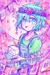 Rule 34 | 1boy, basil (headspace) (omori), basil (omori), blue overalls, green eyes, green hair, green sweater vest, happy, happy birthday, head wreath, highres, looking at viewer, omori, overall shorts, overalls, sakakien, shirt, short sleeves, smile, solo, sweater vest, white shirt