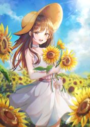 Rule 34 | 1girl, bad id, bad pixiv id, bare shoulders, blue sky, blush, breasts, brown eyes, brown hair, choker, cleavage, cloud, commentary, cowboy shot, dasha, day, dress, field, flower, flower field, hat, highres, holding, holding flower, lens flare, long hair, looking at viewer, medium breasts, open mouth, original, outdoors, ribbon, ribbon choker, sky, sleeveless, sleeveless dress, smile, solo, spaghetti strap, standing, summer, sun hat, sundress, sunflower, sunflower field, symbol-only commentary, teeth, upper teeth only, white dress, white ribbon